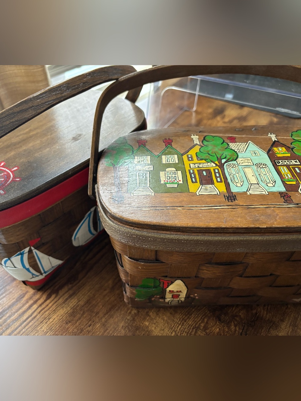 VTG Caro Nan Hand Painted Basket Purses—City Streetscape & Sailboat Sea Themed.